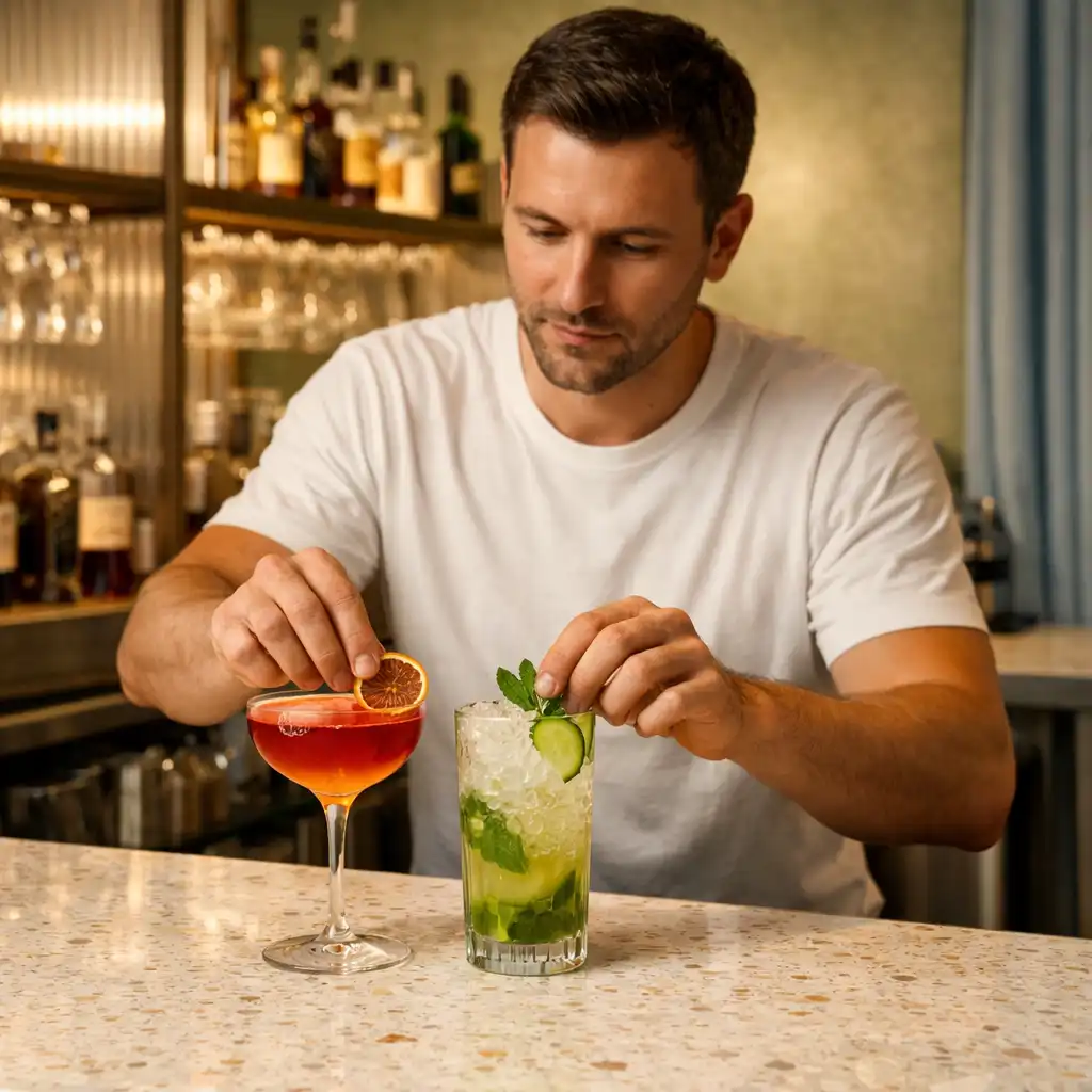 Barman przygotowuje koktajl i napój bezalkoholowy przy jasnym barze restauracyjnym