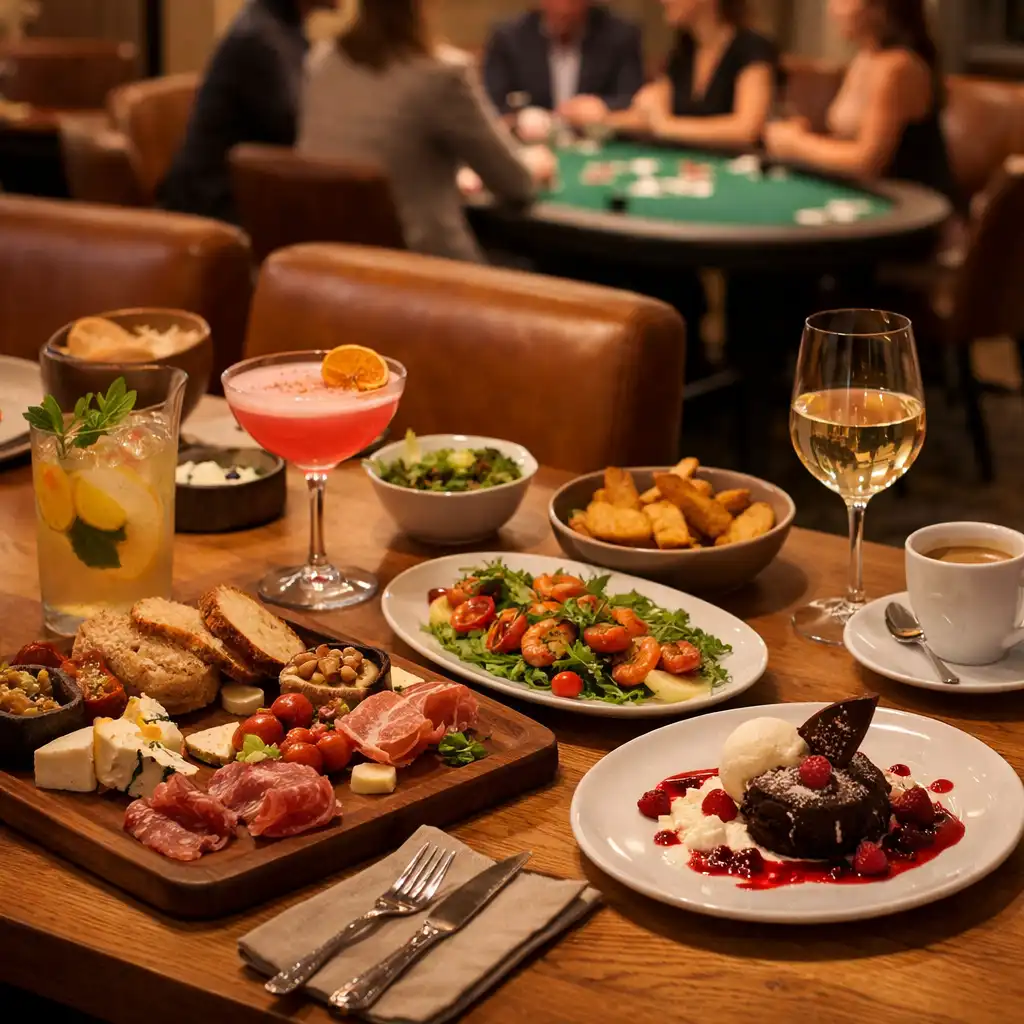 Współczesne talerze, deser, koktajl, napój bezalkoholowy, wino i kawa na restauracyjnym stole z Lounge w tle