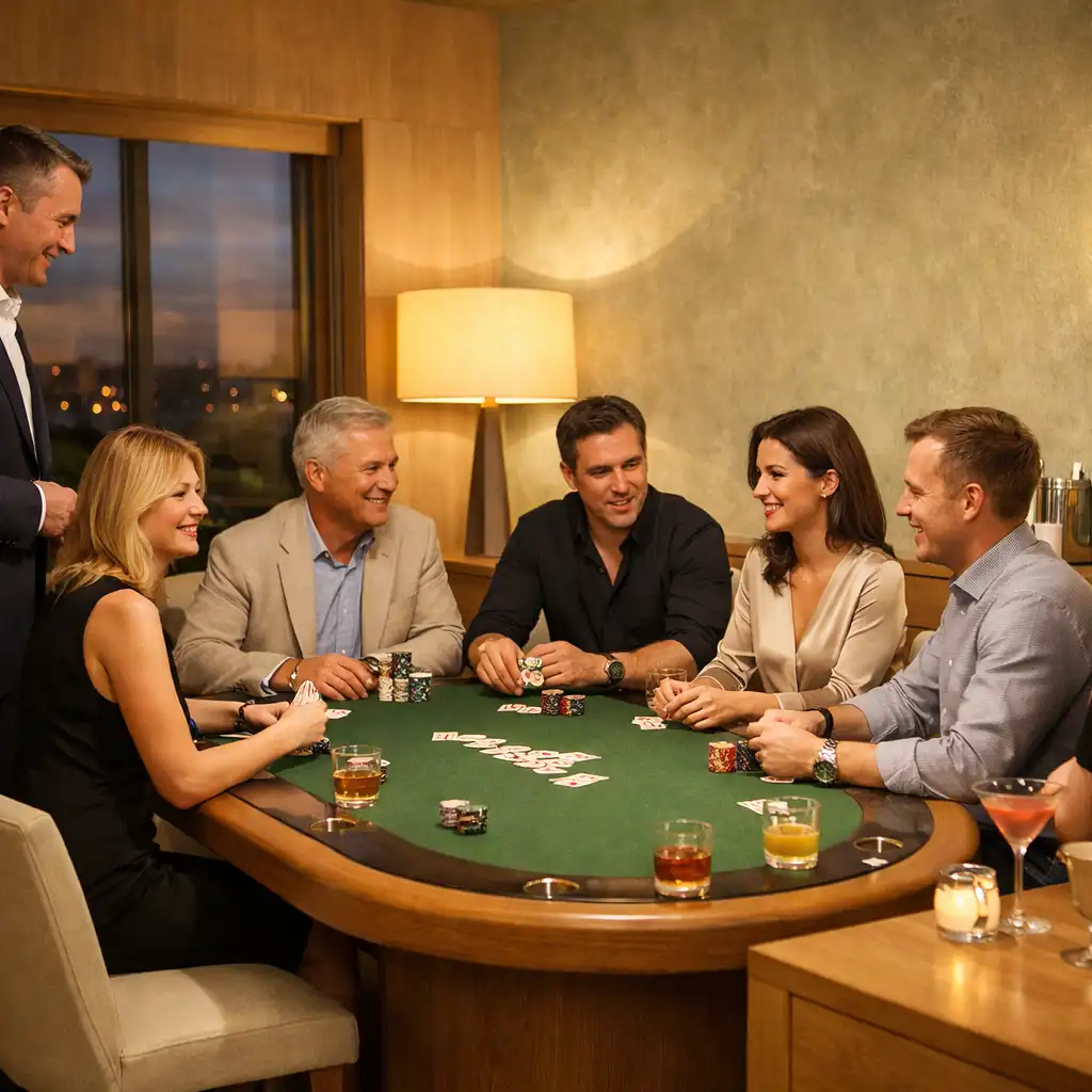 Prywatna grupa dorosłych gości przy fizycznym stole pokerowym z potrawami, drinkami i gospodarzem w restauracji