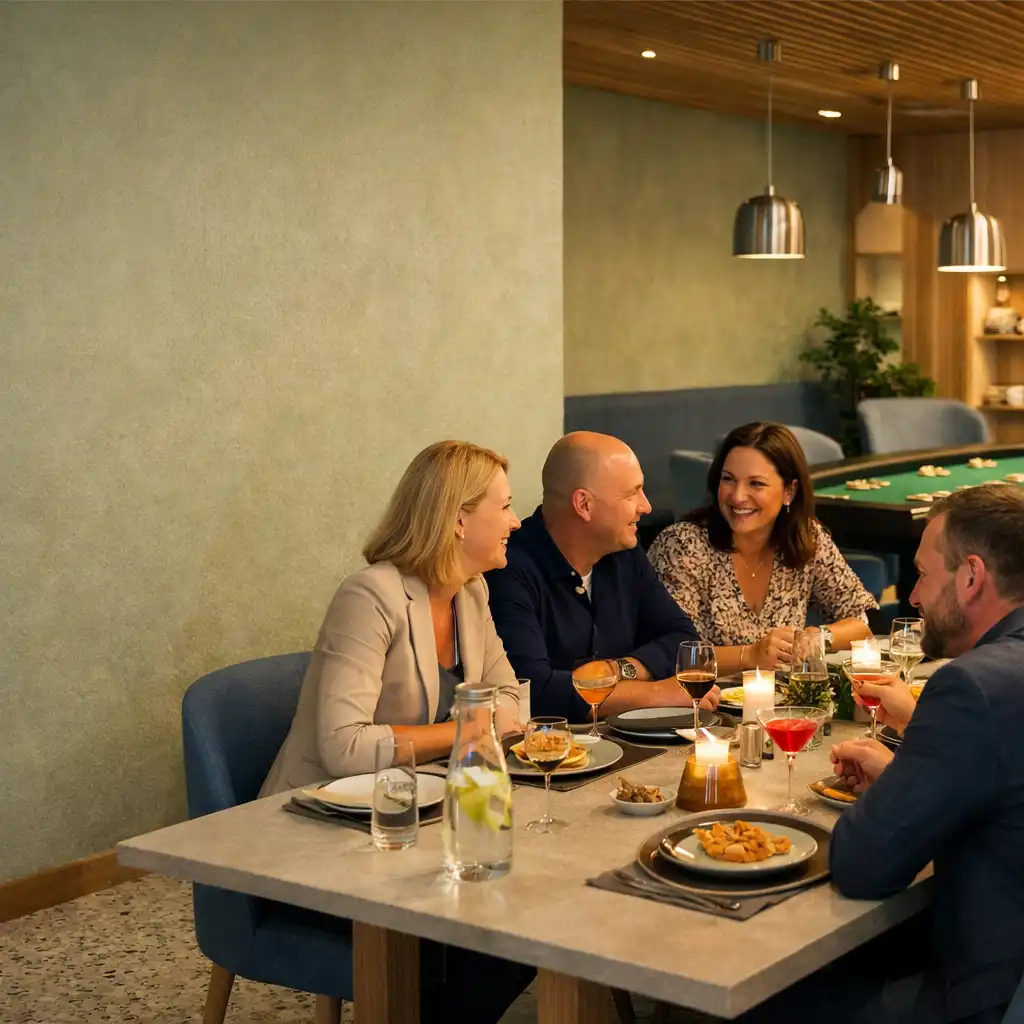 Goście rozmawiają przy długim stole podczas prywatnej kolacji w ChefAndSpoon