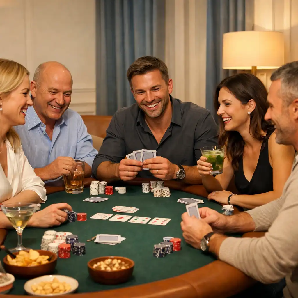 Grupa dorosłych osób rozmawiających przy fizycznym stole pokerowym w Poker Lounge