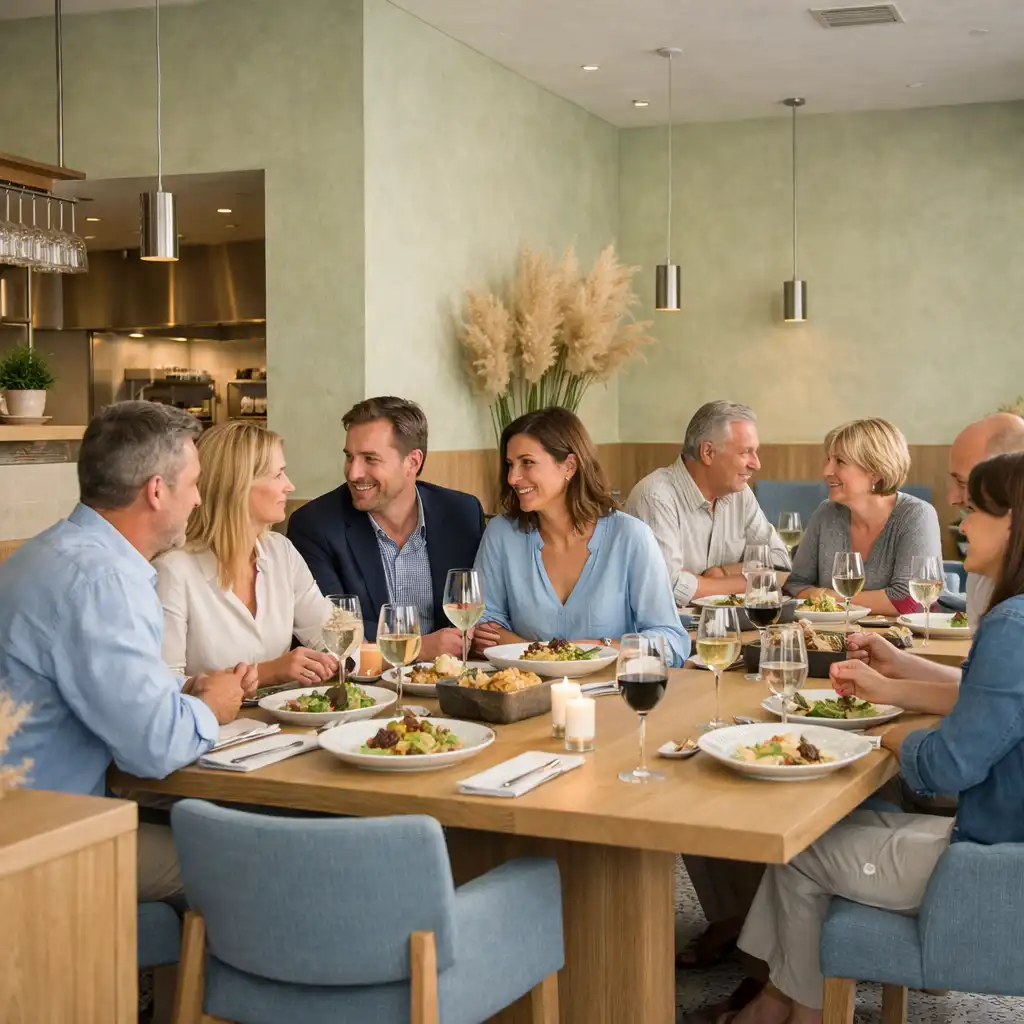 Goście rozmawiają przy długim stole w jasnym wnętrzu restauracji ChefAndSpoon w Warszawie