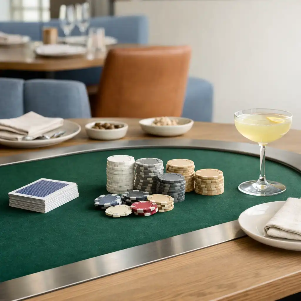 Przygotowany stół pokerowy w jasnej restauracji z kartami, neutralnymi żetonami, lnianą serwetą, talerzykami i koktajlem