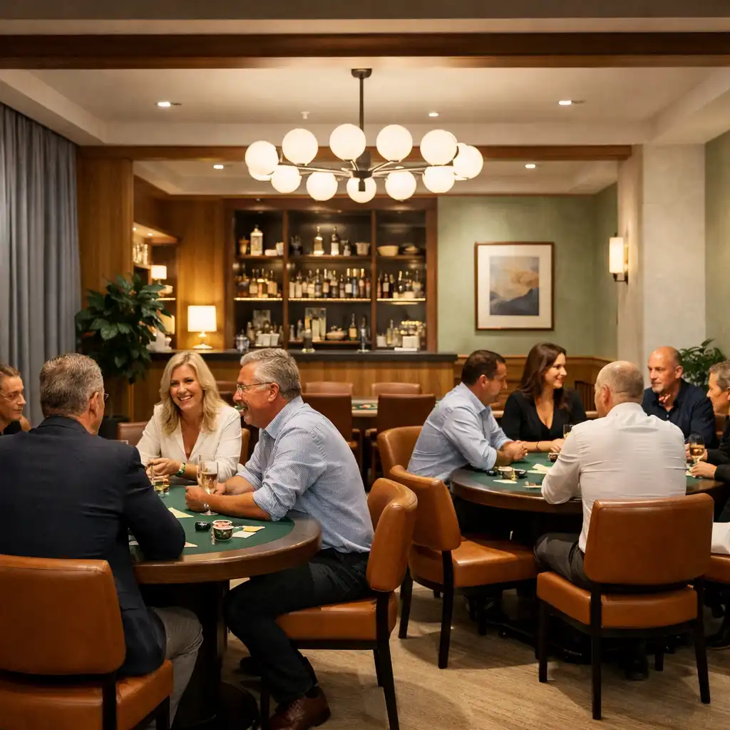 Goście rozmawiają przy dwóch fizycznych stołach pokerowych w Poker Lounge ChefAndSpoon