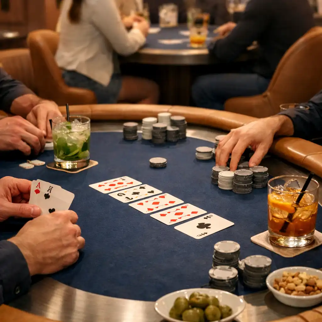 Dłonie gości przy fizycznym stole pokerowym z kartami, napojami i neutralnymi żetonami