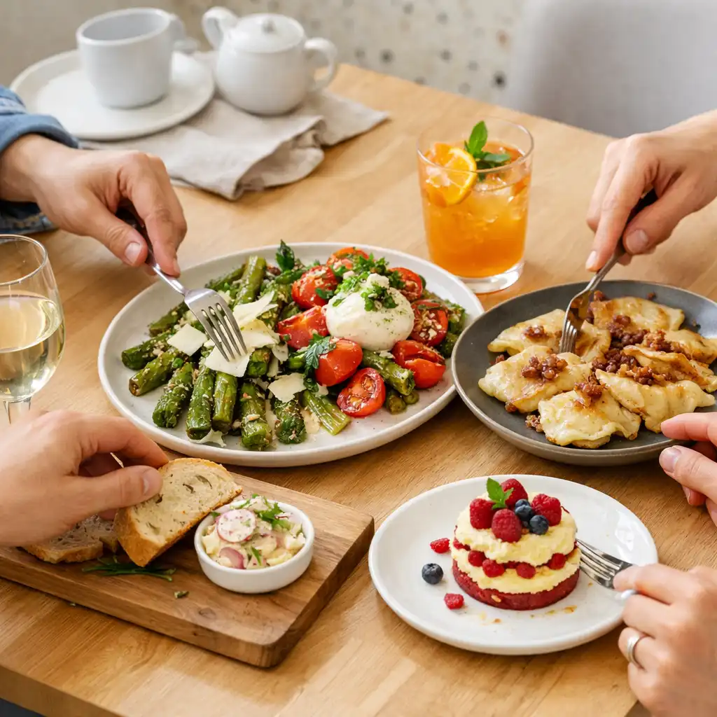 Współczesne dania do dzielenia, deser i napoje na wspólnym stole w jasnej restauracji ChefAndSpoon w Warszawie